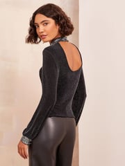 Friends Like These Black Jersey HIgh Neck Blouse with Sequin Detail - Image 4 of 4