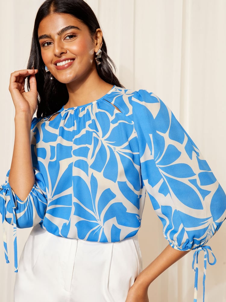 Friends Like These Blue 3/4 Sleeve Chiffon Tie Cuff Blouse - Image 1 of 4