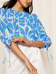 Friends Like These Blue 3/4 Sleeve Chiffon Tie Cuff Blouse - Image 2 of 4