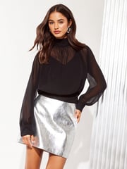 Friends Like These Black Shirred Belted Back Chiffon Blouse - Image 1 of 4