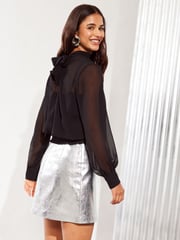 Friends Like These Black Shirred Belted Back Chiffon Blouse - Image 4 of 4