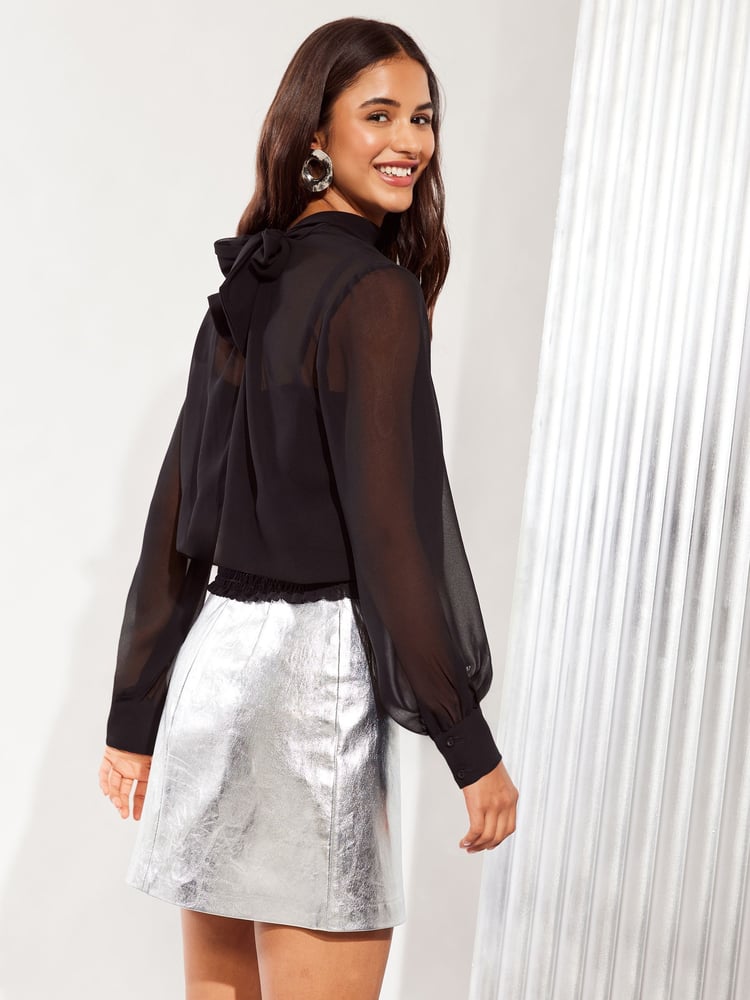 Friends Like These Black Shirred Belted Back Chiffon Blouse - Image 4 of 4