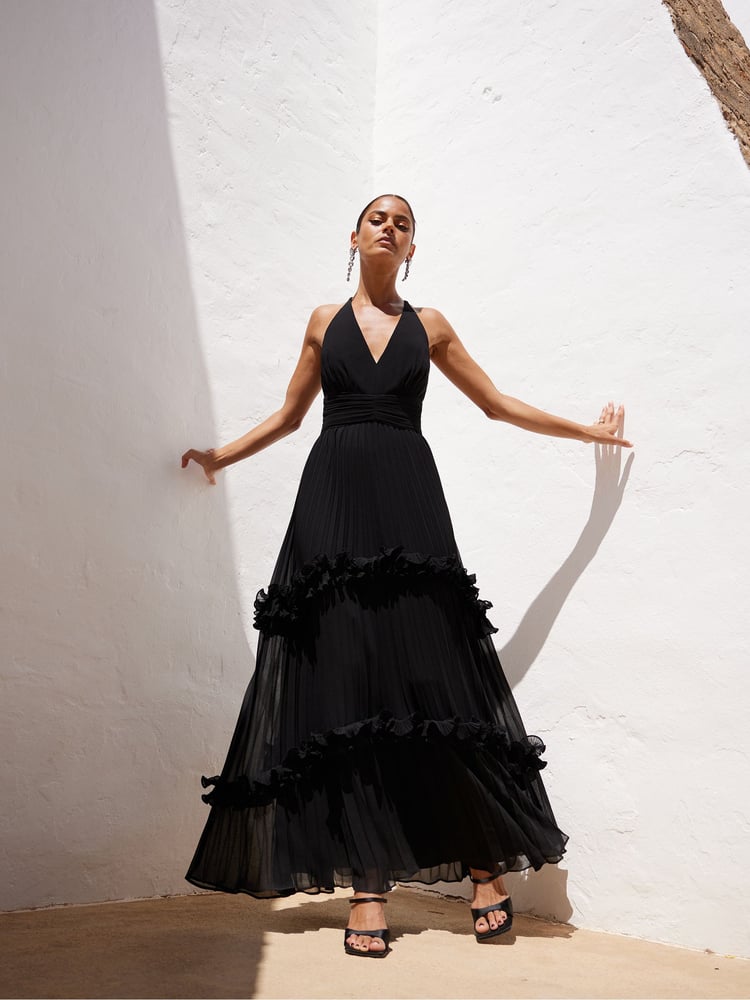 Ro&Zo Black Sienna Pleated Frill Maxi Dress - Image 1 of 8