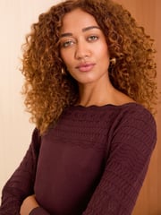 Love & Roses Burgundy Red Pointelle Scallop Neck Jumper - Image 2 of 4