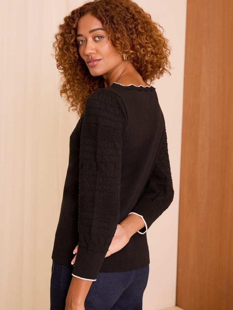 Love & Roses Black Pointelle Scallop Neck Jumper - Image 4 of 4