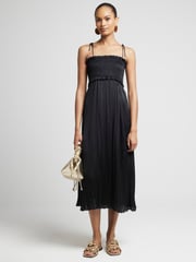 River Island Black Crinkle Shirred Midi Dress - Image 1 of 4