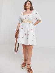 Simply Be White Embroidered Fruit Skater 100% Cotton Dress - Image 1 of 4