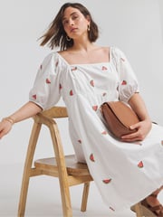 Simply Be White Embroidered Fruit Skater 100% Cotton Dress - Image 2 of 4