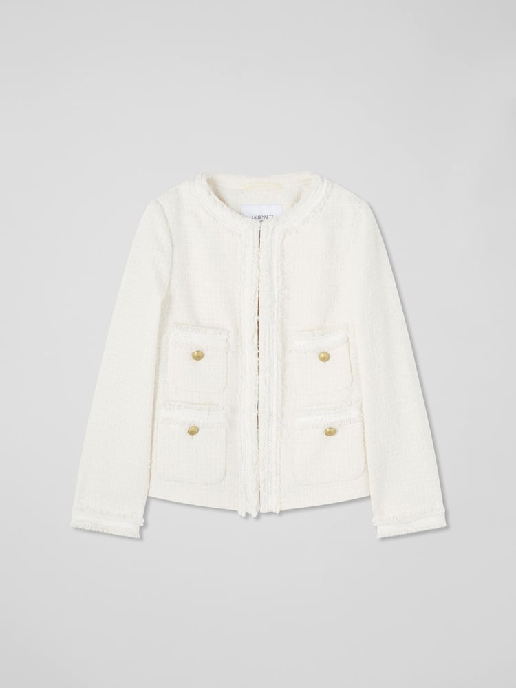 LK Bennett Ivory Cream Charlie Petite Italian Cotton Blend Tweed Jacket - Image 4 of 4