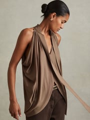 Reiss Dark Mink Luisa Draped Tie Neck Top - Image 1 of 4