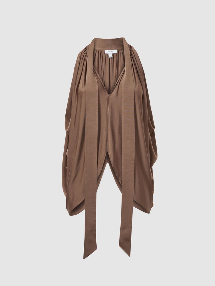 Reiss Dark Mink Luisa Draped Tie Neck Top - Image 2 of 4