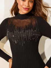 Lipsy Black High Neck Sheer Hotfix Knitted Mini Dress - Image 2 of 4