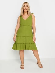Yours Curve Green Limited Tiered Frill Tie Sleeve Mini Dress - Image 1 of 5