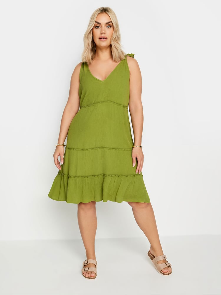Yours Curve Green Limited Tiered Frill Tie Sleeve Mini Dress - Image 1 of 5