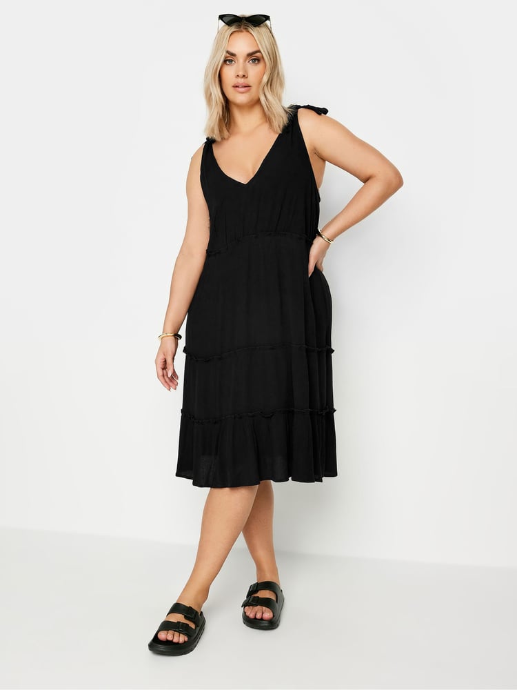 Yours Curve Black Limited Tiered Frill Tie Sleeve Mini Dress - Image 1 of 5