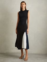 Reiss Black Faro Hybrid Colourblock Midi Dress - Image 1 of 6
