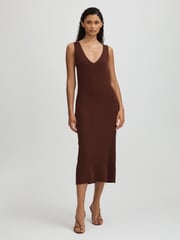 Paige Ribbed Bodycon Midi Brown Dress - Image 1 of 5
