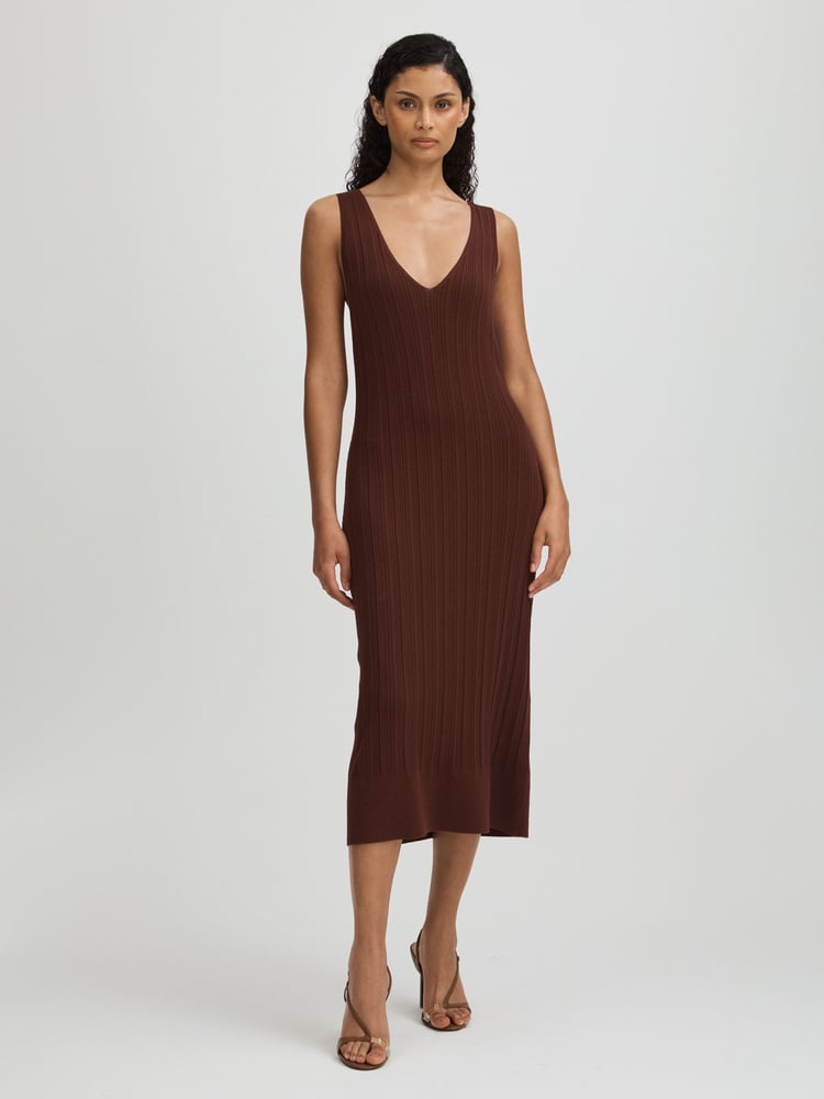 Paige Ribbed Bodycon Midi Brown Dress - Image 1 of 5