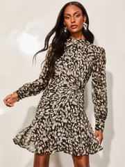 Lipsy Black/White Metallic Animal Print Long Sleeve Ruched Mini Dress - Image 1 of 4