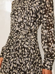 Lipsy Black/White Metallic Animal Print Long Sleeve Ruched Mini Dress - Image 3 of 4