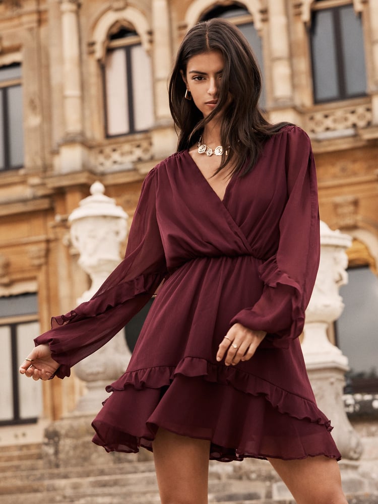 Lipsy Burgundy Red V Neck Ruffle Long Sleeve Chiffon Mini Dress - Image 1 of 4