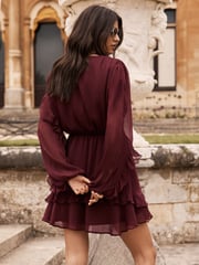 Lipsy Burgundy Red V Neck Ruffle Long Sleeve Chiffon Mini Dress - Image 3 of 4