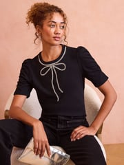 Love & Roses Black Bow Embellished Ruched Sleeve T-Shirt - Image 1 of 4