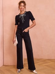 Love & Roses Black Bow Embellished Ruched Sleeve T-Shirt - Image 3 of 4