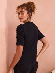 Love & Roses Black Bow Embellished Ruched Sleeve T-Shirt - Image 4 of 4