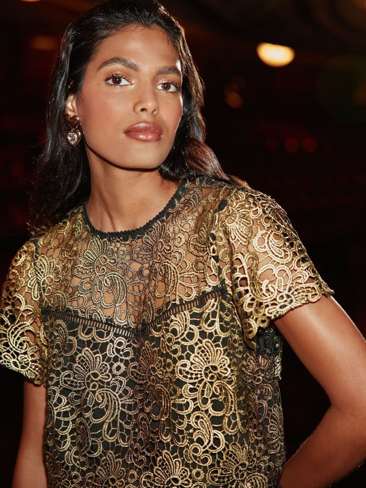 Love & Roses Gold Metallic Lace Shell Top - Image 2 of 4