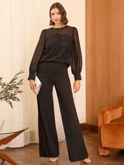 Love & Roses Black Lace Chiffon Mix Crew Neck Blouse - Image 4 of 4
