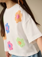 Multi Bright 100% Cotton Sequin Flowers Boxy T-Shirts 4 Pack (3-16yrs) - Image 9 of 11