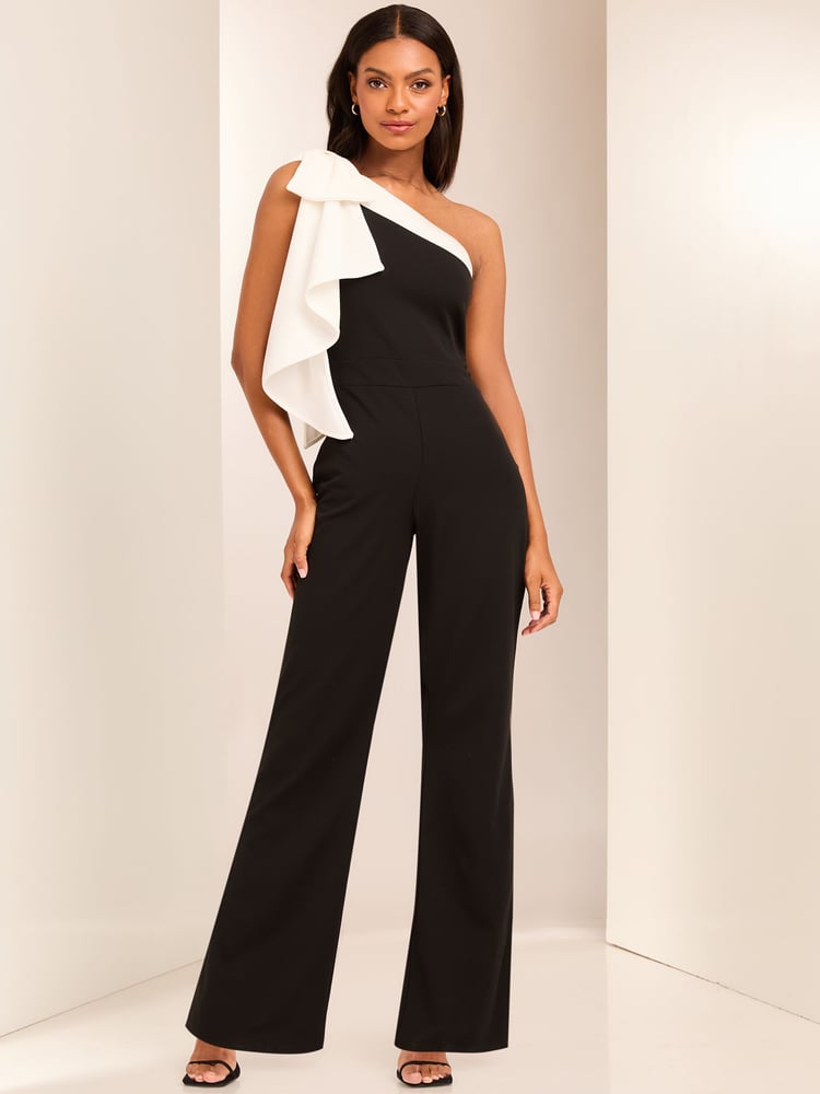 Lipsy Black and White Tall One Shoulder Bow Jumpsuit - Image 1 of 4