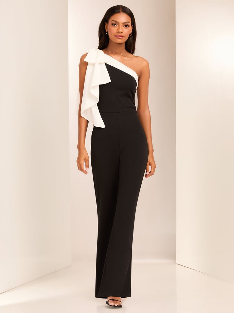 Lipsy Black and White Tall One Shoulder Bow Jumpsuit - Image 2 of 4