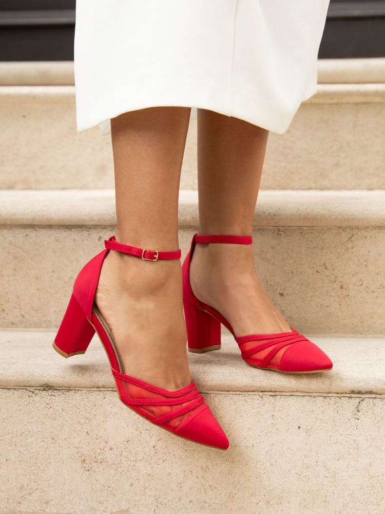 Linzi Red Tasha Scuba Block Court Heels With Mesh Front Detail - Image 1 of 5