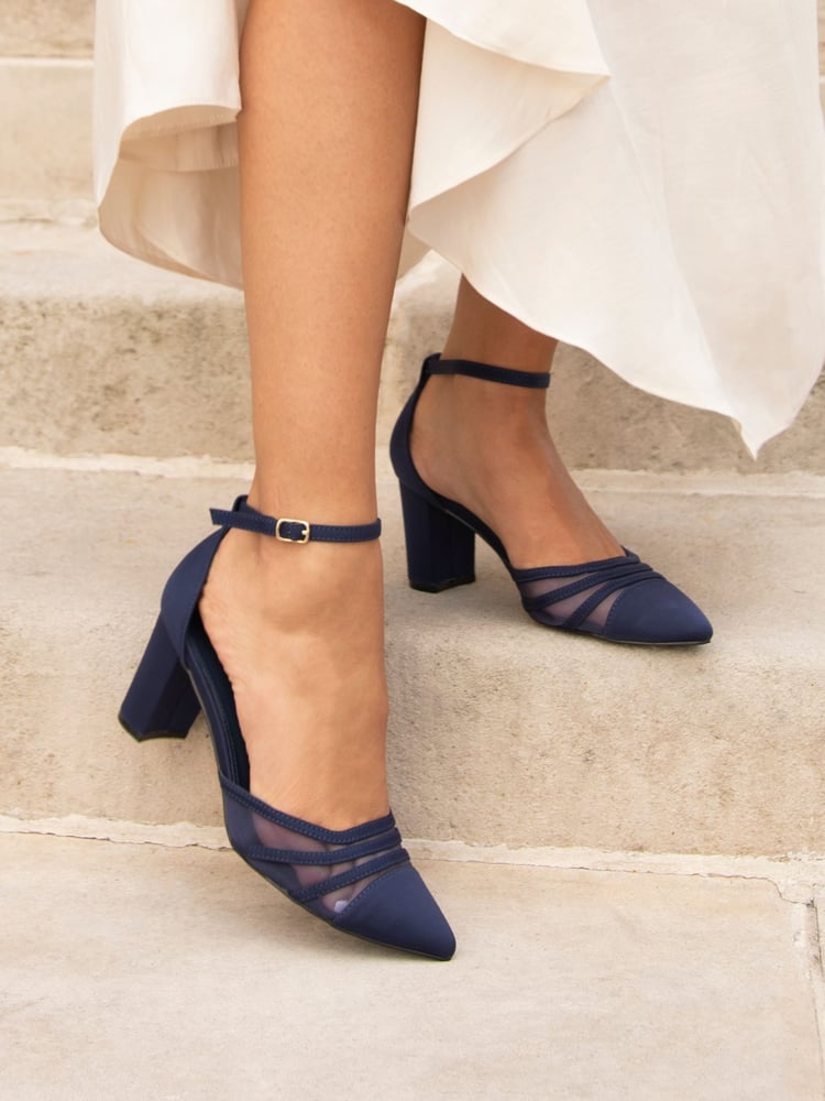 Linzi Blue Tasha Scuba Block Court Heels With Mesh Front Detail - Image 1 of 5