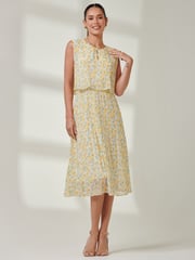 Jolie Moi Yellow Olena Pleated Overlay Chiffon Midi Dress - Image 1 of 6
