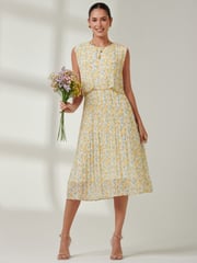 Jolie Moi Yellow Olena Pleated Overlay Chiffon Midi Dress - Image 4 of 6