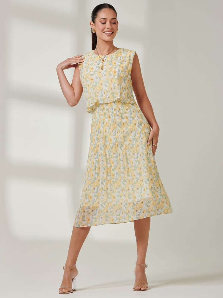 Jolie Moi Yellow Olena Pleated Overlay Chiffon Midi Dress - Image 6 of 6