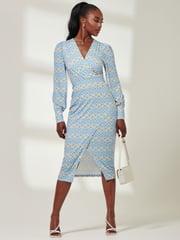 Jolie Moi Blue Print Long Sleeve Jersey Pencil Dress - Image 1 of 6