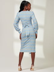 Jolie Moi Blue Print Long Sleeve Jersey Pencil Dress - Image 2 of 6