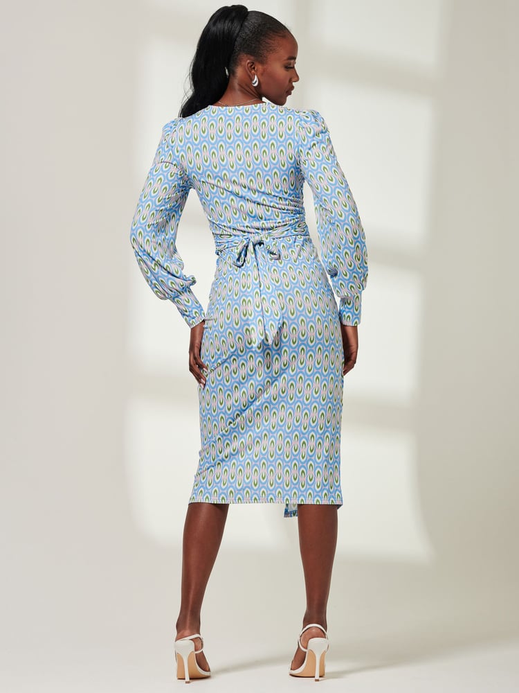 Jolie Moi Blue Print Long Sleeve Jersey Pencil Dress - Image 2 of 6