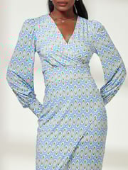 Jolie Moi Blue Print Long Sleeve Jersey Pencil Dress - Image 3 of 6