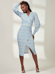 Jolie Moi Blue Print Long Sleeve Jersey Pencil Dress - Image 4 of 6