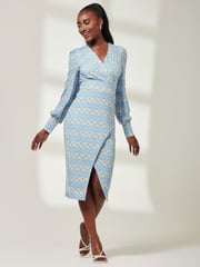 Jolie Moi Blue Print Long Sleeve Jersey Pencil Dress - Image 5 of 6