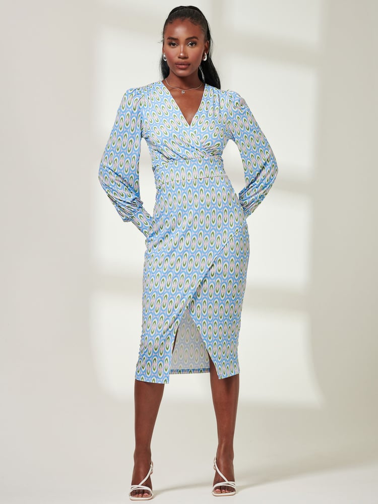 Jolie Moi Blue Print Long Sleeve Jersey Pencil Dress - Image 6 of 6