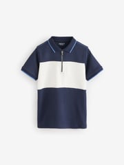 Navy/White 100% Cotton Quarter Zip Colourblock Short Sleeve Polo Shirt (3-16yrs) - Image 1 of 4