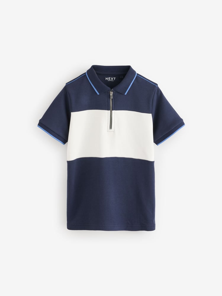 Navy/White 100% Cotton Quarter Zip Colourblock Short Sleeve Polo Shirt (3-16yrs) - Image 1 of 4