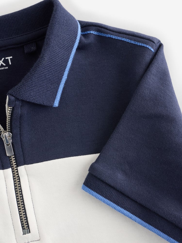 Navy/White 100% Cotton Quarter Zip Colourblock Short Sleeve Polo Shirt (3-16yrs) - Image 4 of 4