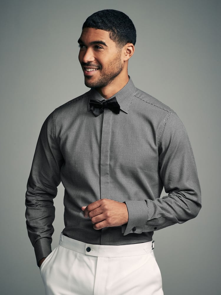 Grey Textured/Black Slim Fit Double Cuff Shirt And Bow Tie Pack - Image 1 of 7